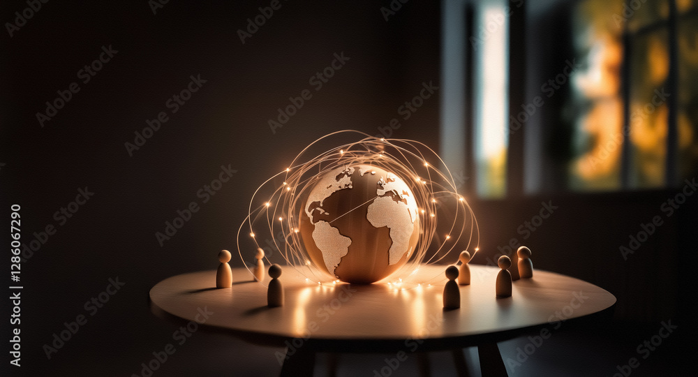Aufkleber Global network concept: glowing globe, figures, light trails on table in dark room with window light.