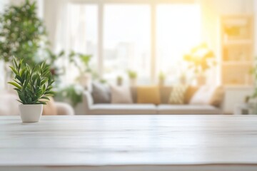 Bright white rectangular wooden table with soft lighting and blurred living room background featuring seating and pillows
