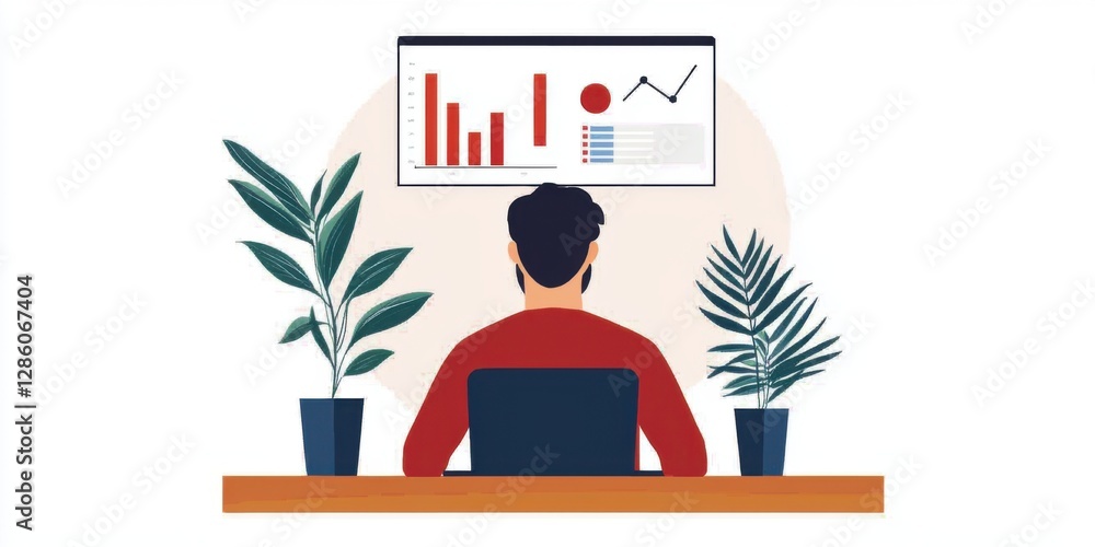 Poster a person analyzes data on a computer, surrounded by plants, with graphs displayed on a screen, focus