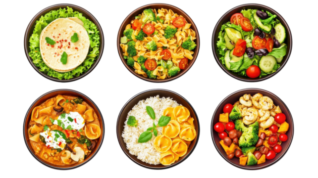 Colorful variety of healthy dishes featuring salads, pasta, and rice displayed on a white background