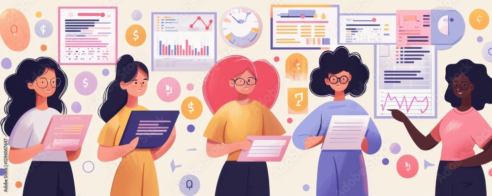 Poster a group of diverse women analyze data and graphs in a modern workspace, surrounded by charts and sym