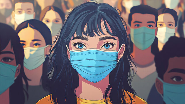 Vibrant Unity: Cartoon Woman in a Masked Crowd