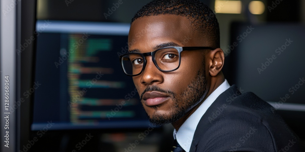 Poster a professional young man wearing glasses looks confidently at the camera, seated at a desk with comp