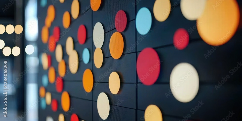 Poster a vibrant wall adorned with colorful circular shapes, creating an abstract and playful design.