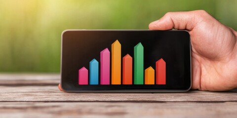 A hand holding a smartphone displaying colorful bar graphs against a blurred green background, symbolizing data analysis and statistics.