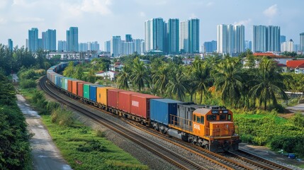 Fototapeta premium A freight train carrying colorful containers moves through a lush landscape with modern skyscrapers in the background under a clear blue sky.