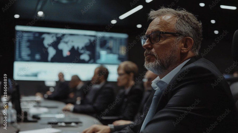 Poster a group of professionals in suits engages in a serious discussion, with a large digital map displaye