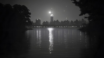 Naklejka premium Serene Nocturne: A tranquil nighttime scene of a city skyline reflected on a calm body of water, bathed in the soft glow of city lights and the moon.