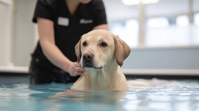 Labrador retriever swimming during hydrotherapy session