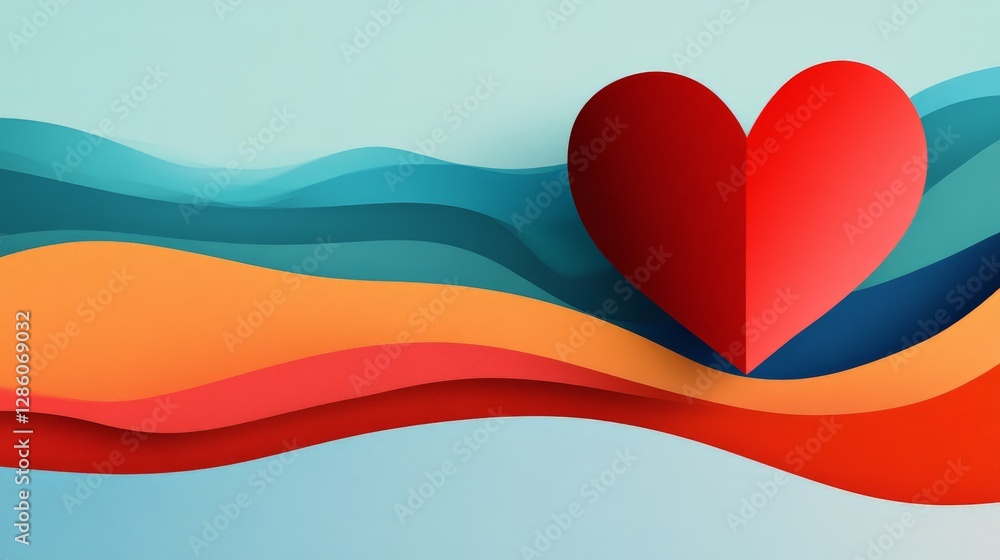 Aufkleber red heart floating above abstract layered waves in blue and orange creating a modern artistic compos