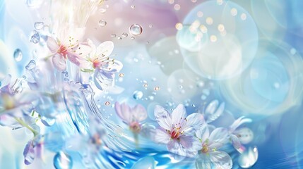 Cherry blossom branch over rippling water with droplets and light effect, spring nature background