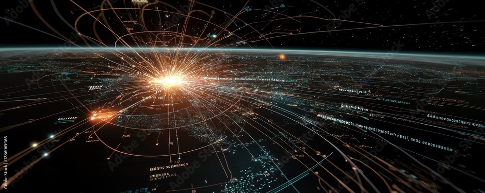 Poster a stunning view of a cosmic explosion, showcasing vibrant light patterns and a vast network of energ