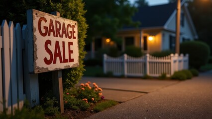 Garage sale signs, An old wooden garage sale sign hangs crookedly on a fence post in a cozy evening neighborhood lit by streetlamp.