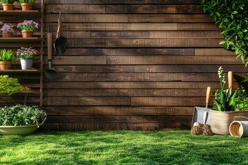 Beautiful Plants Gardening Tools and Accessories on Green Grass Near Wood Slat Wall