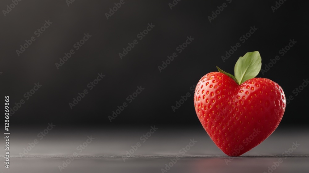 Poster fresh ripe strawberry with green leaf on dark moody background creating a dramatic artistic composit