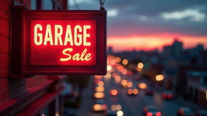 Obraz premium Garage sale signs, From a bird's-eye view a vibrant garage sale sign reflects artificial lights at sunset in a bustling cityscape 8K UHD.