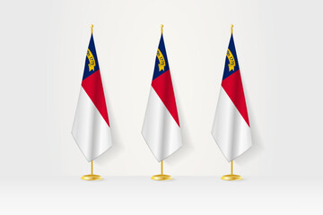 Three North Carolina flags in a row on a golden stand, illustration of press conference and other meetings.
