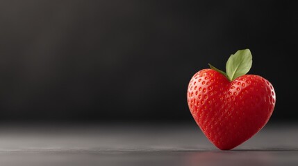 Fresh ripe strawberry with green leaf on dark moody background creating a dramatic artistic composition symbolizing natural beauty freshness and organic essence