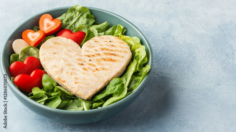 Poster fresh green salad bowl with heart shaped toast on light background creating a healthy nutritious and
