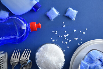 Dishwasher cleaning and maintenance products on a blue background