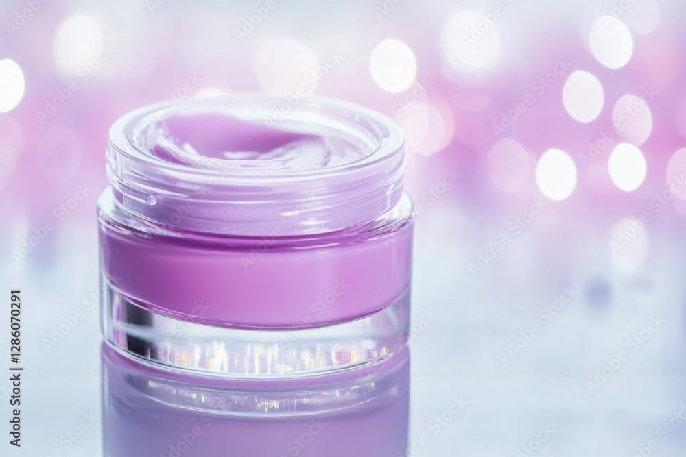 Poster glowing jar of lavender cream sparkles with elegance in a softly lit serene setting. generative ai