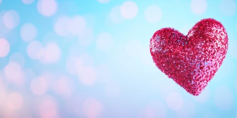 Obraz premium Glittering pink heart against dreamy blue bokeh background creating a magical romantic and enchanting artistic composition symbolizing love and beauty