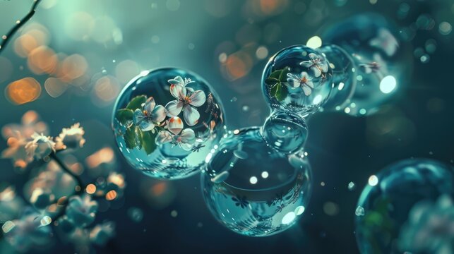 Magical flowers and leaves in crystal water drop surrounded by floating droplets on dark mystical background, fantasy close up background