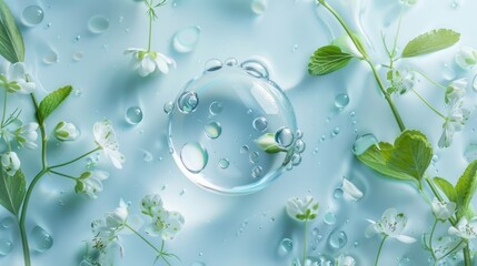 Natural cosmetic concept with water drops, white flowers and green leaves on light blue background, flat lay composition