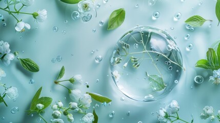 Fototapeta premium Natural cosmetic concept with water drops, white flowers and green leaves on light blue background, flat lay composition