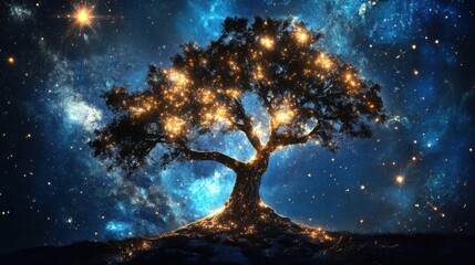 A radiant cosmic tree with glowing branches stretches across the galactic abyss