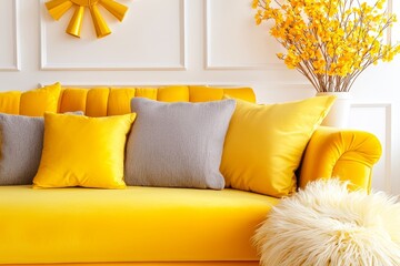 Stylish living room interior featuring a comfortable yellow sofa and a vibrant green plant