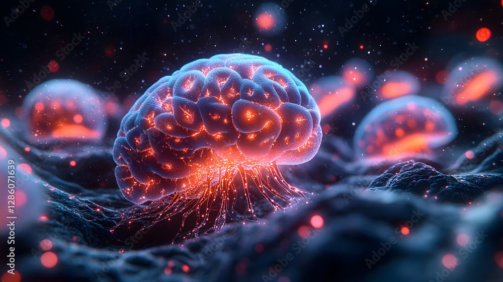 Poster brain-like nebula: a mesmerizing image showcasing an ethereal, brain-like nebula, glowing with vibra