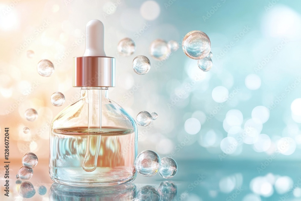 Poster elegant serum bottle surrounded by soft bubbles creating a dreamy atmosphere in a tranquil setting. 