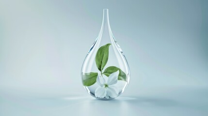 Green leaf suspended in clear glass water drop on minimalist eco natural light background with place for text