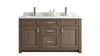 Elegant double sink vanity with modern fixtures and ample storage space for bathroom renovations