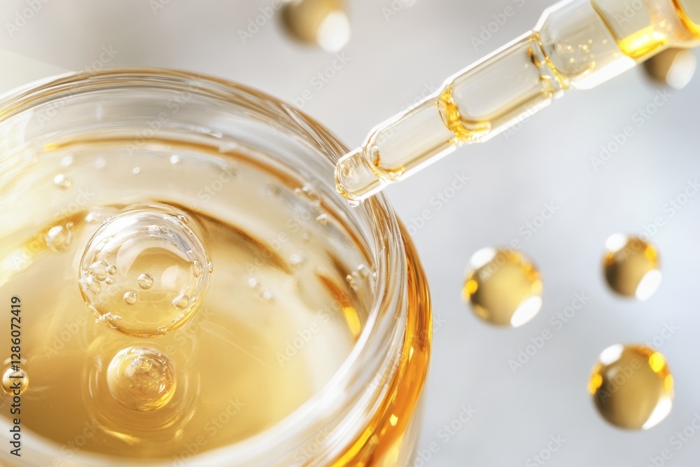 Poster nourishing elixir comes to life as golden droplets fall from a pipette into a jar during a serene mo