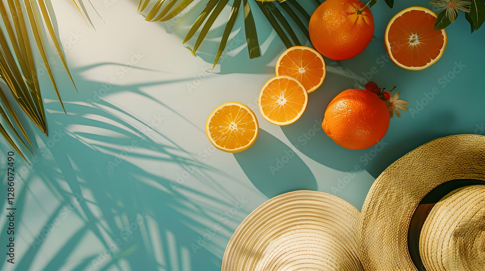 Poster bright and vibrant display of oranges and straw hats on a blue background with shadows
