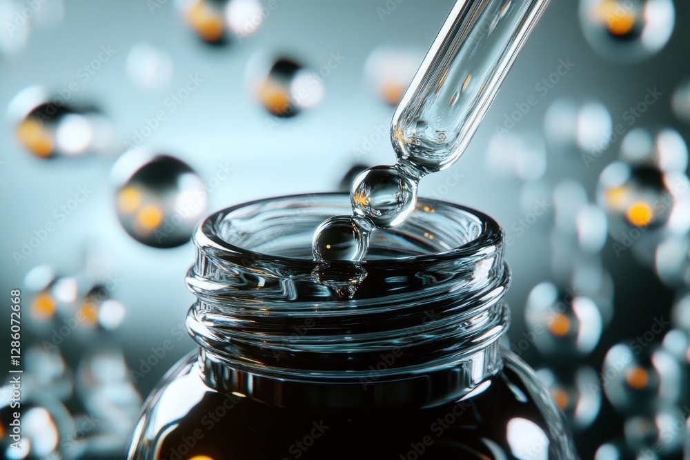 Poster Droplet of liquid falls from a pipette into a dark bottle surrounded by shimmering bubbles in a captivating abstract setting. Generative AI