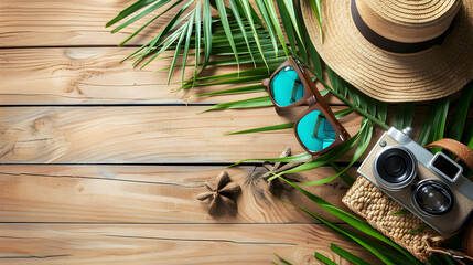 Summer vacation essentials on wooden table featuring sunglasses, camera, and tropical leaves