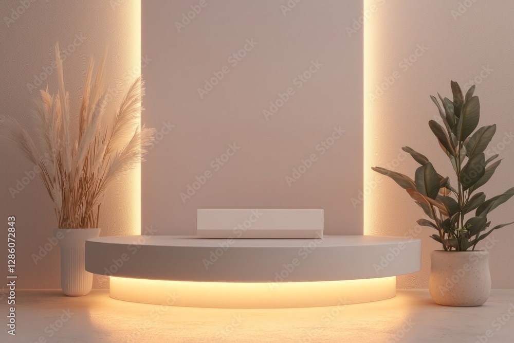 Poster text space ample on a clean, illuminated 3d podium with floating product.