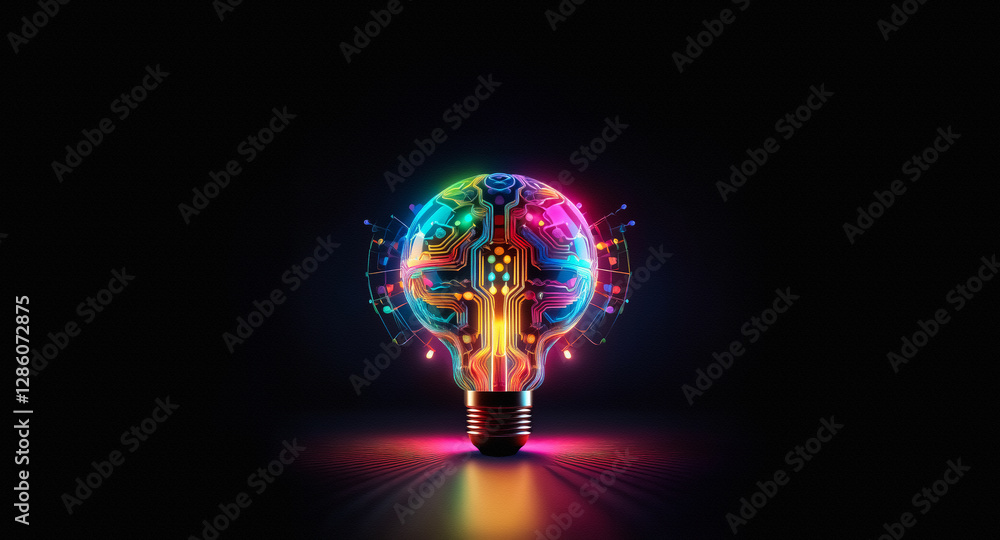 Poster a vibrant neon brain-shaped lightbulb illuminates against a dark background. circuit patterns sugges