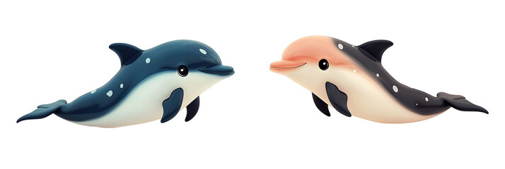 Fototapeta premium Two cute chinese transparent dolphins with contrasting expressions and colors on a transparent background.