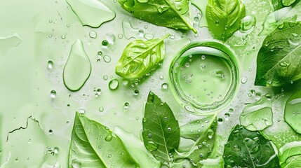 Obraz premium Fresh green leaves floating in water with bubbles and drops on light green botanical background with liquid texture, natural eco and hydration concept