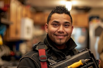 Happy Male Worker with Toolkit Poses for Portrait