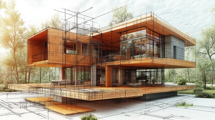 Modern wooden house design, blueprint sketch, nature