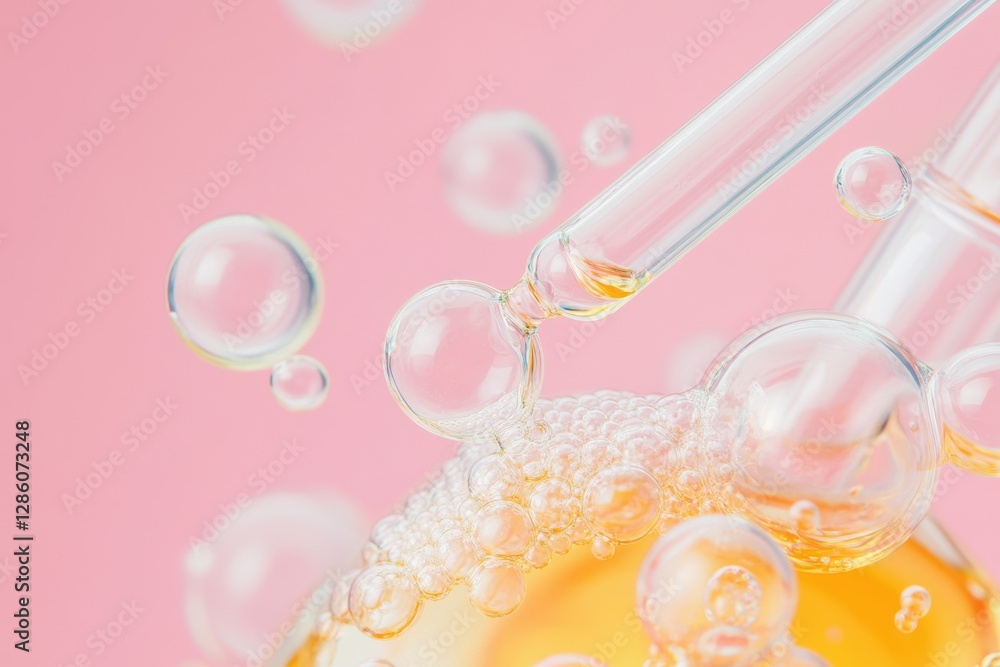 Poster captivating bubbles and a pipette bring allure to liquid science in a pink backdrop. generative ai
