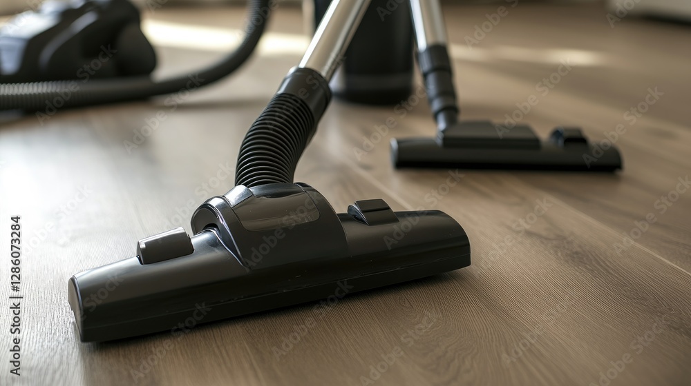 Poster modern vacuum cleaner with multiple attachments neatly arranged, ready for deep cleaning