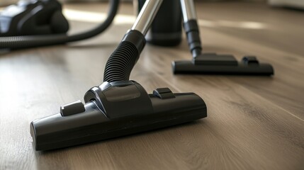 Modern vacuum cleaner with multiple attachments neatly arranged, ready for deep cleaning