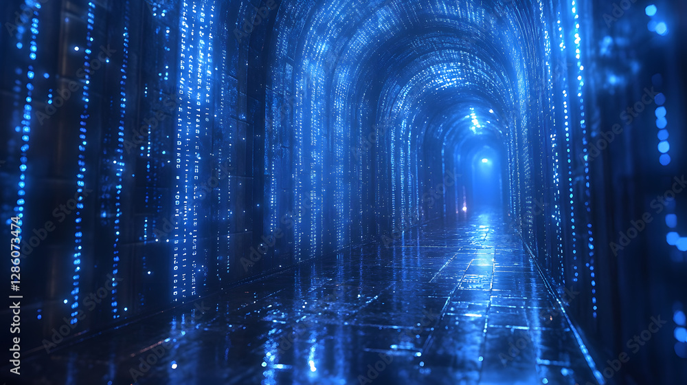 Poster digital tunnel of innovation: a mesmerizing tunnel glows with vibrant blue light and intricate data 