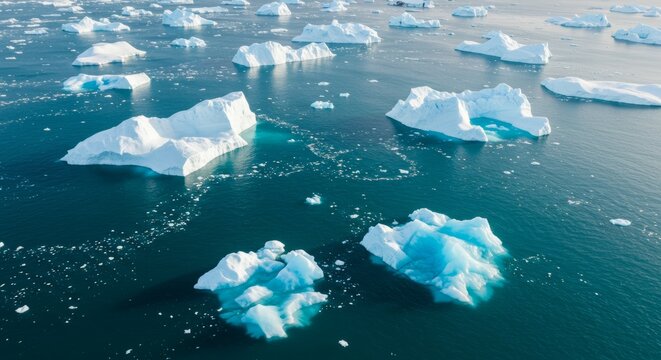 Majestic icebergs float in the pristine arctic ocean waters